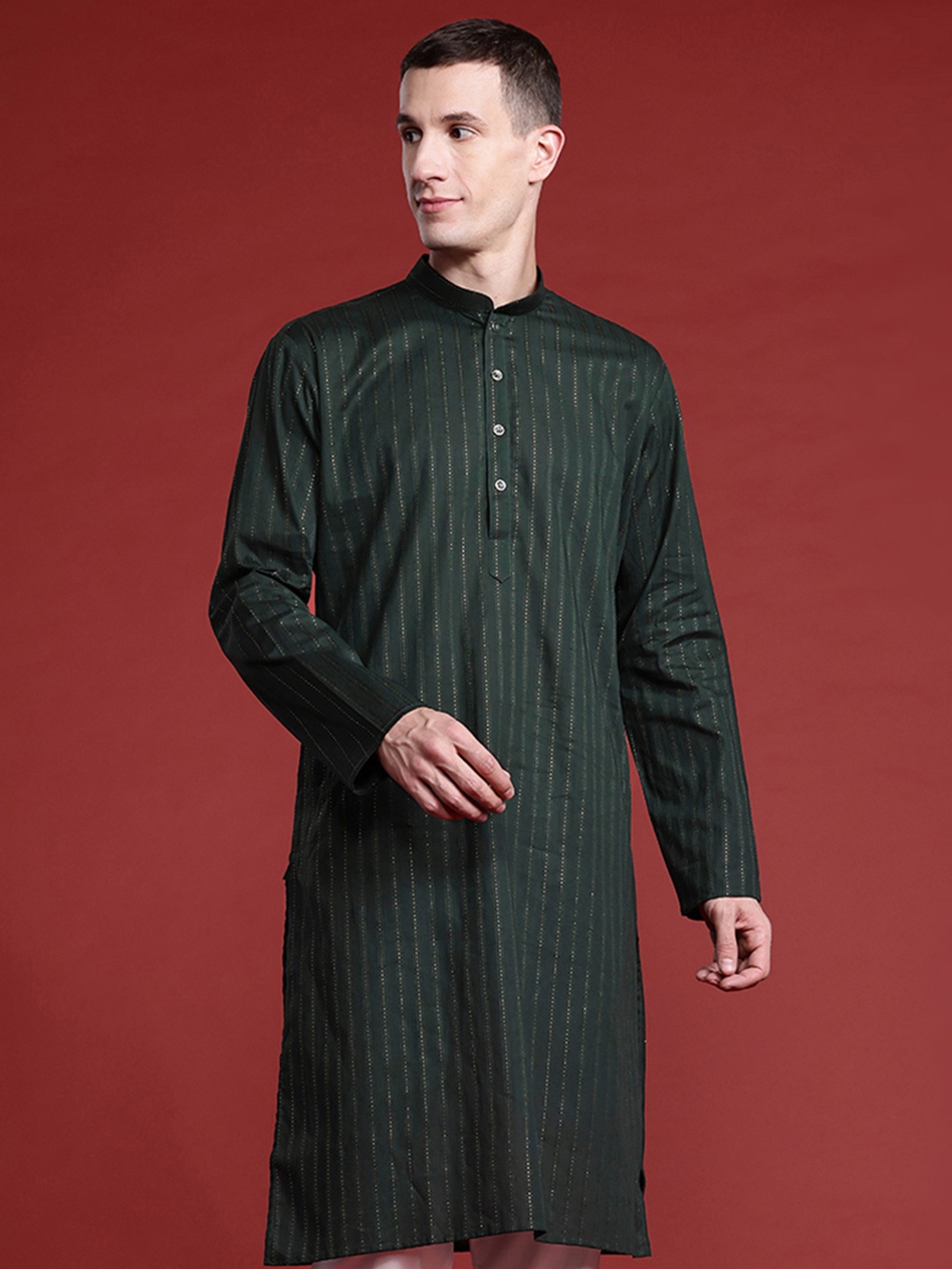 

MANQ Men Striped Kantha Work Pure Cotton Kurta with Pyjamas, Olive