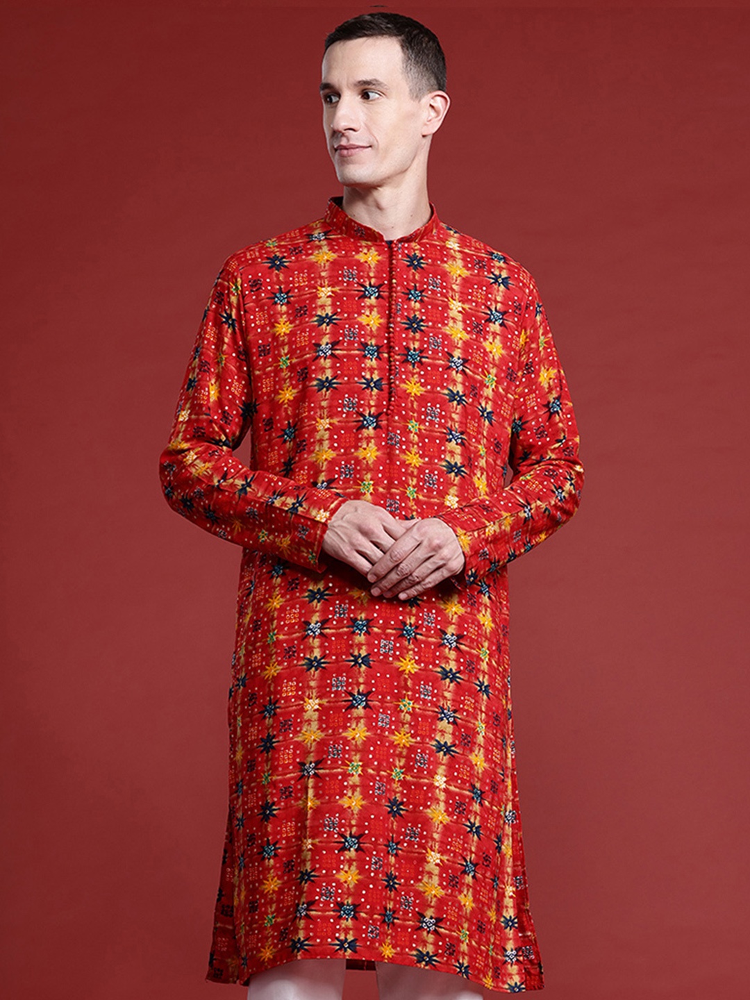 

MANQ Men Ethnic Motifs Printed Pure Cotton Kurta with Pyjamas, Red