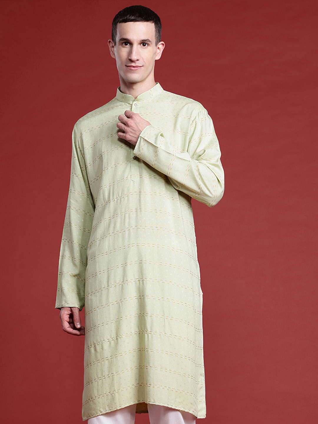 

MANQ Men Striped Thread Work Pure Cotton Kurta with Pyjamas, Green