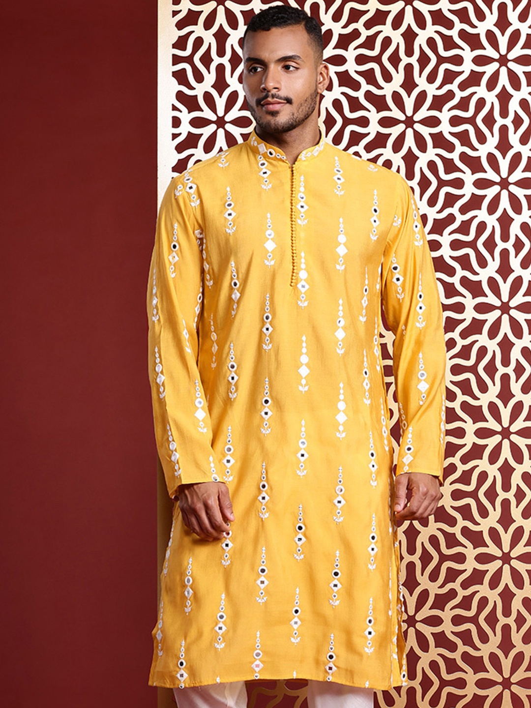MANQ Men Embroidered Mirror Work Pure Cotton Kurta with Churidar, Yellow