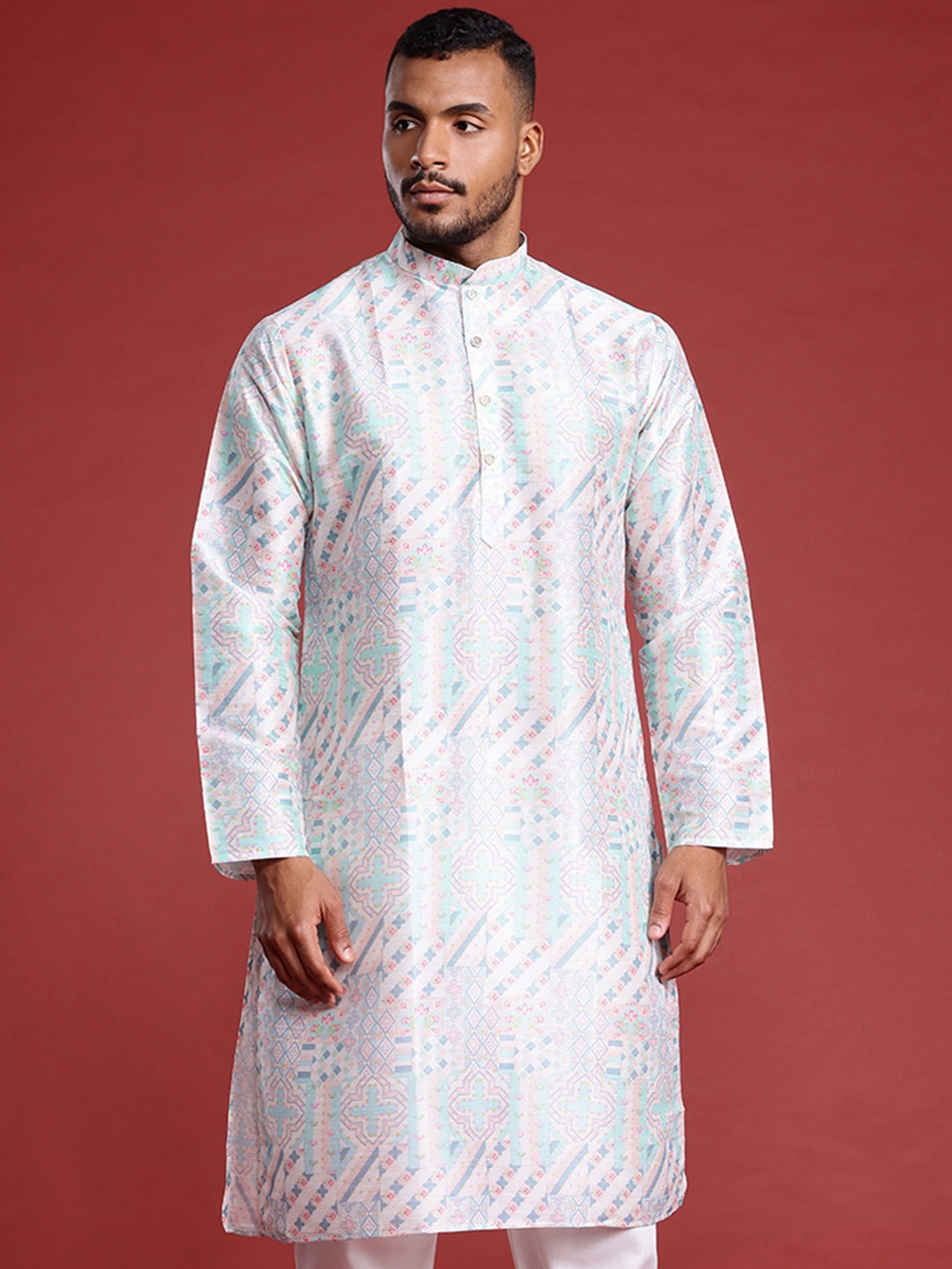 

MANQ Men Printed Pure Cotton Kurta with Pyjamas, Blue