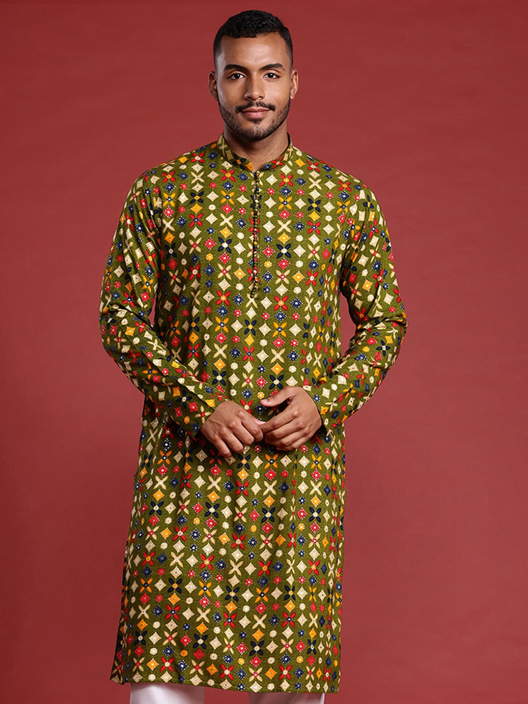 

MANQ Men Ethnic Motifs Printed Pure Cotton Kurta with Pyjamas, Green