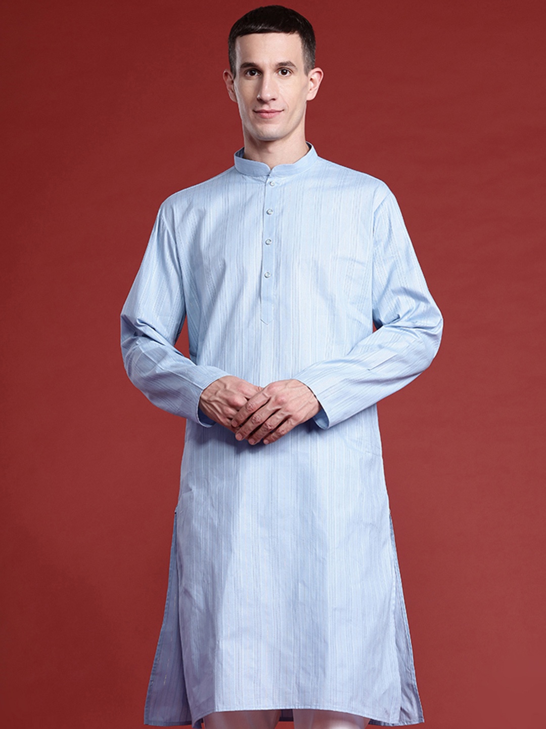 

MANQ Men Striped Pure Cotton Kurta with Pyjamas, Blue