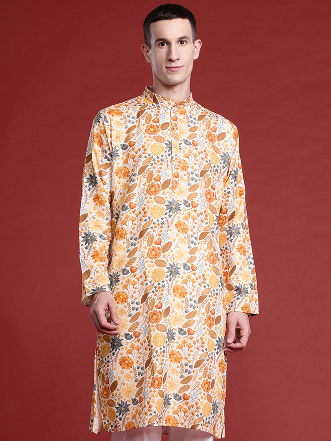 

MANQ Men Floral Printed Pure Cotton Kurta with Pyjamas, White