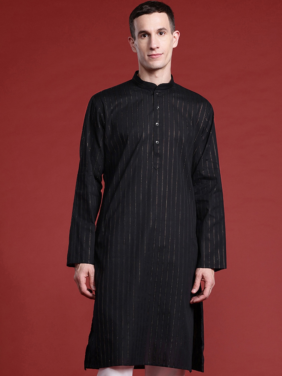

MANQ Men Striped Kantha Work Pure Cotton Kurta with Pyjamas, Black