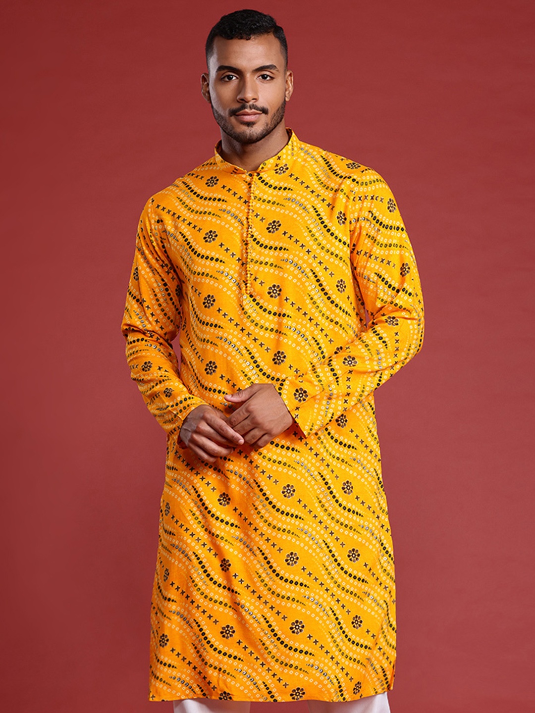 

MANQ Men Ethnic Motifs Printed Pure Cotton Kurta with Pyjamas, Yellow