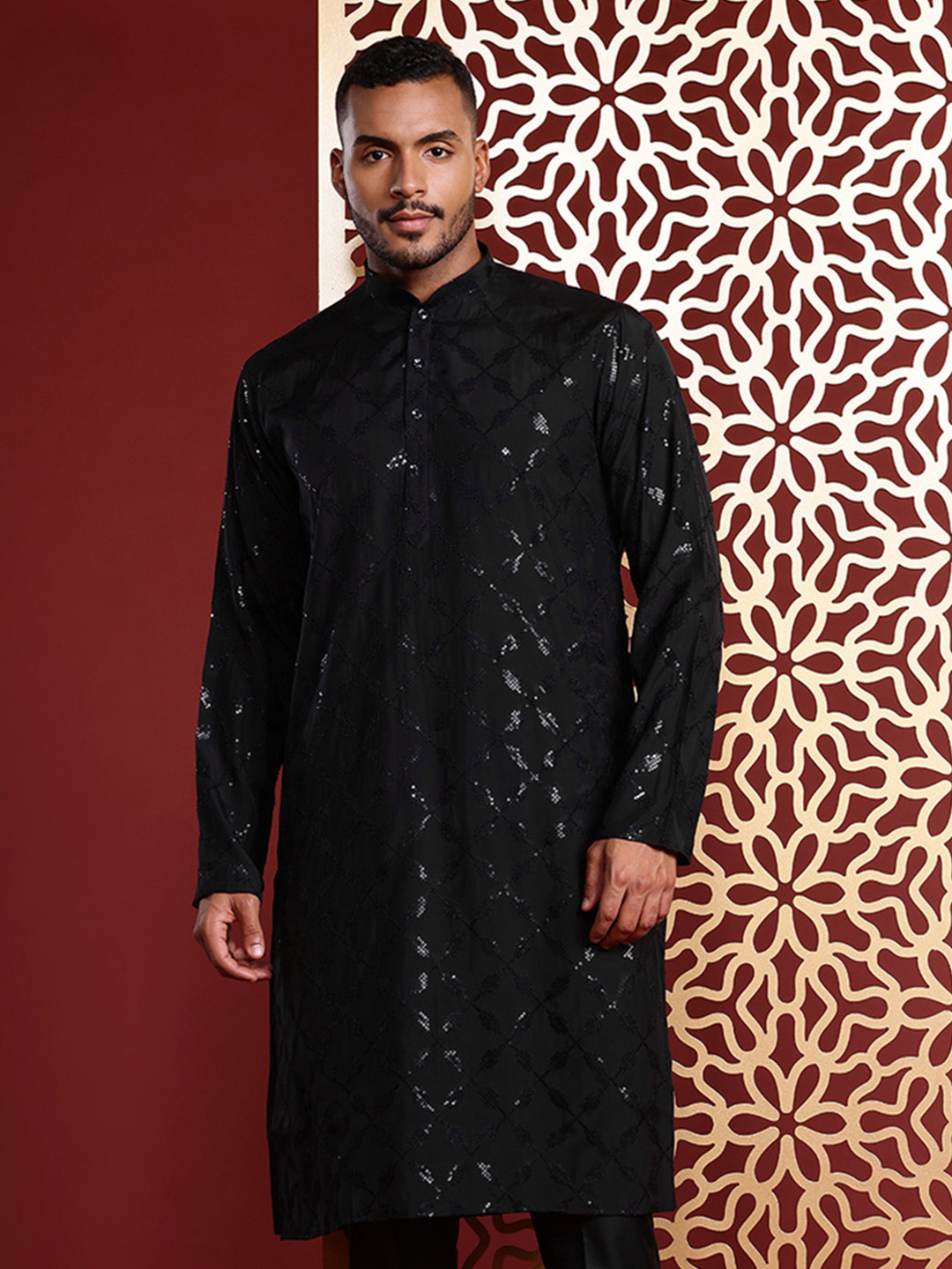 

MANQ Men Embroidered Sequinned Pure Cotton Kurta with Trousers, Black