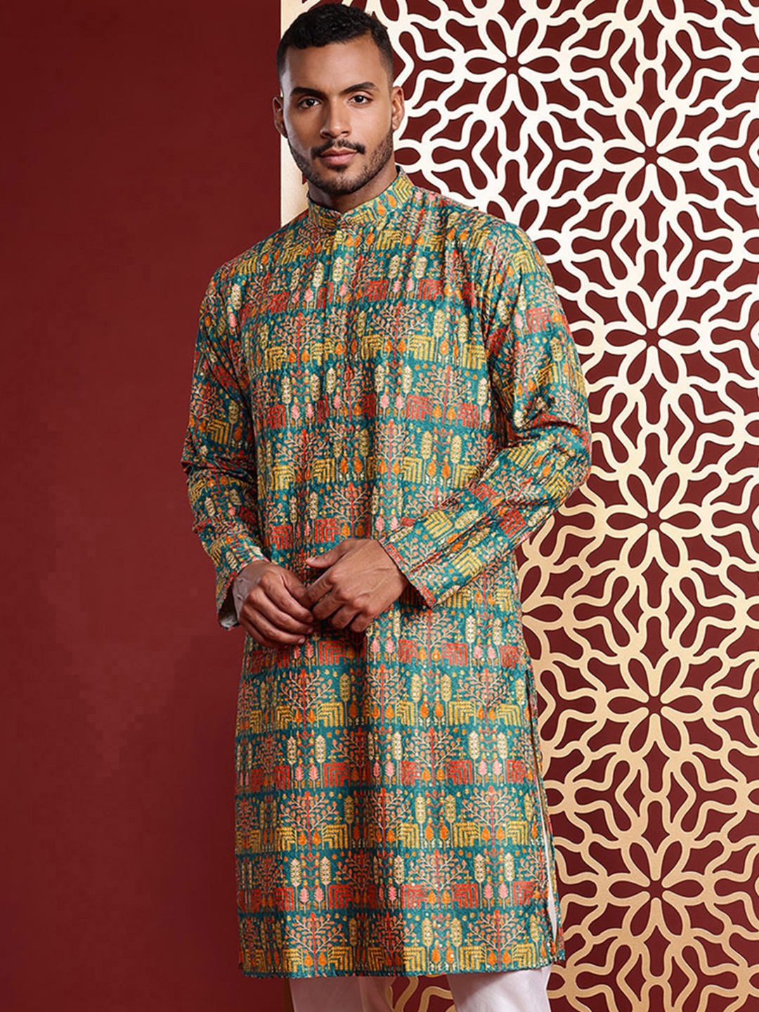 

MANQ Men Ethnic Motifs Embroidered Chikankari Pure Cotton Kurta with Churidar, Teal