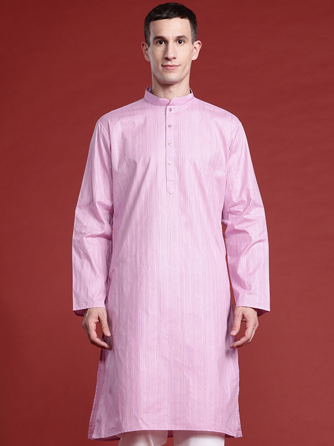 

MANQ Men Striped Pure Cotton Kurta with Pyjamas, Mauve