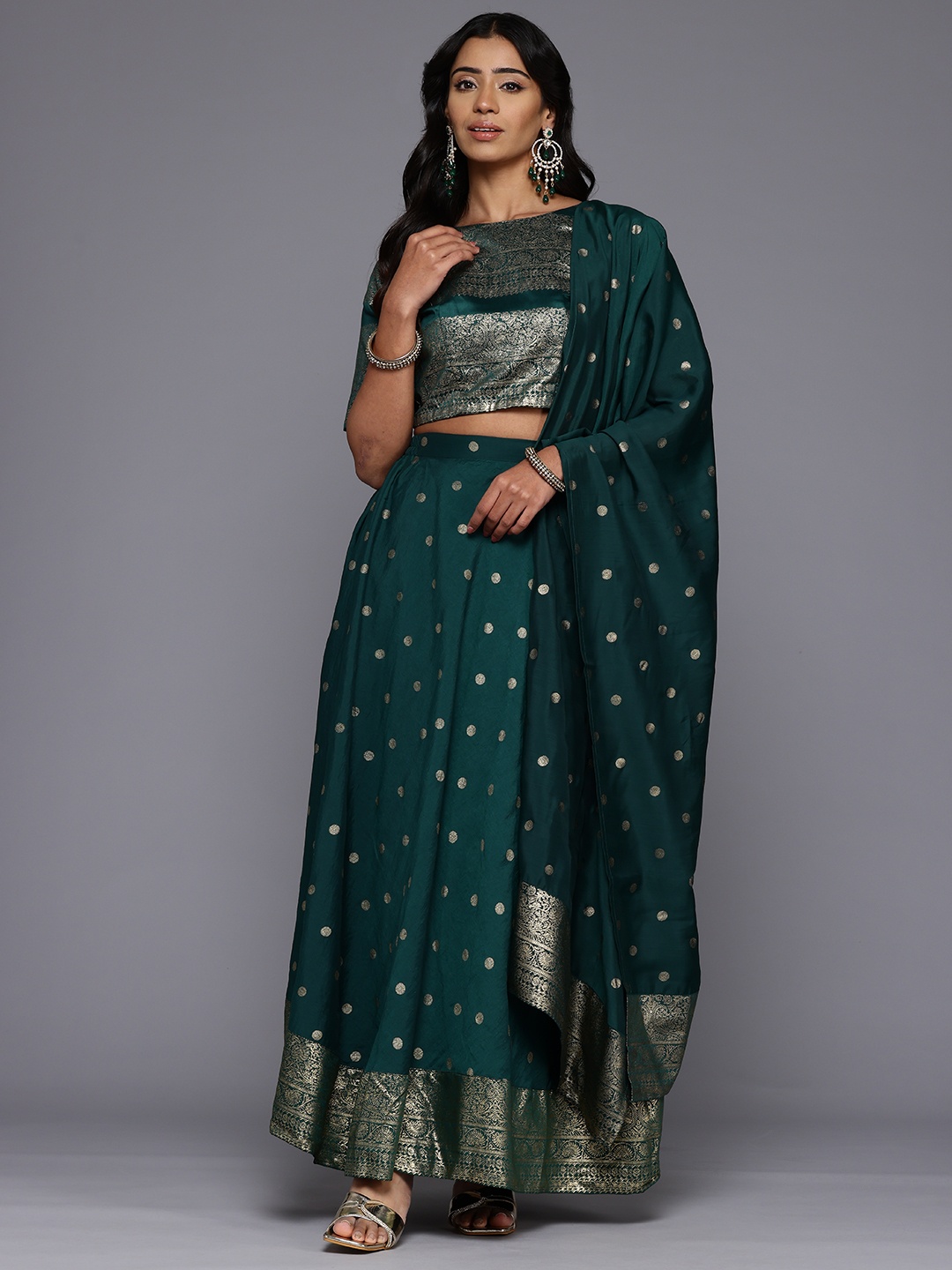 Ahalyaa Printed Foil Print Ready to Wear Lehenga & Blouse With Dupatta, Green