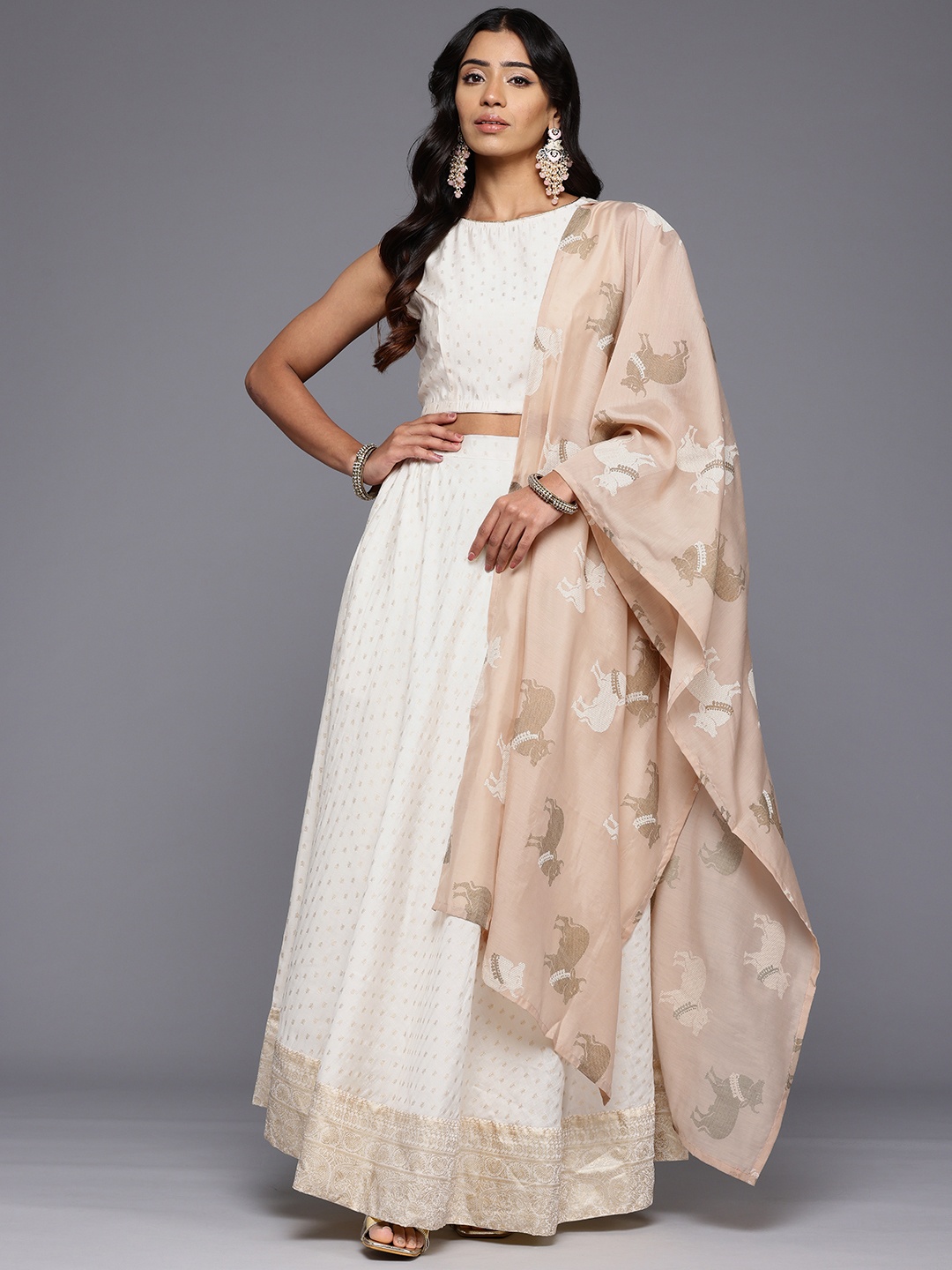 

Ahalyaa Printed Foil Print Ready to Wear Lehenga & Blouse With Dupatta, Off white