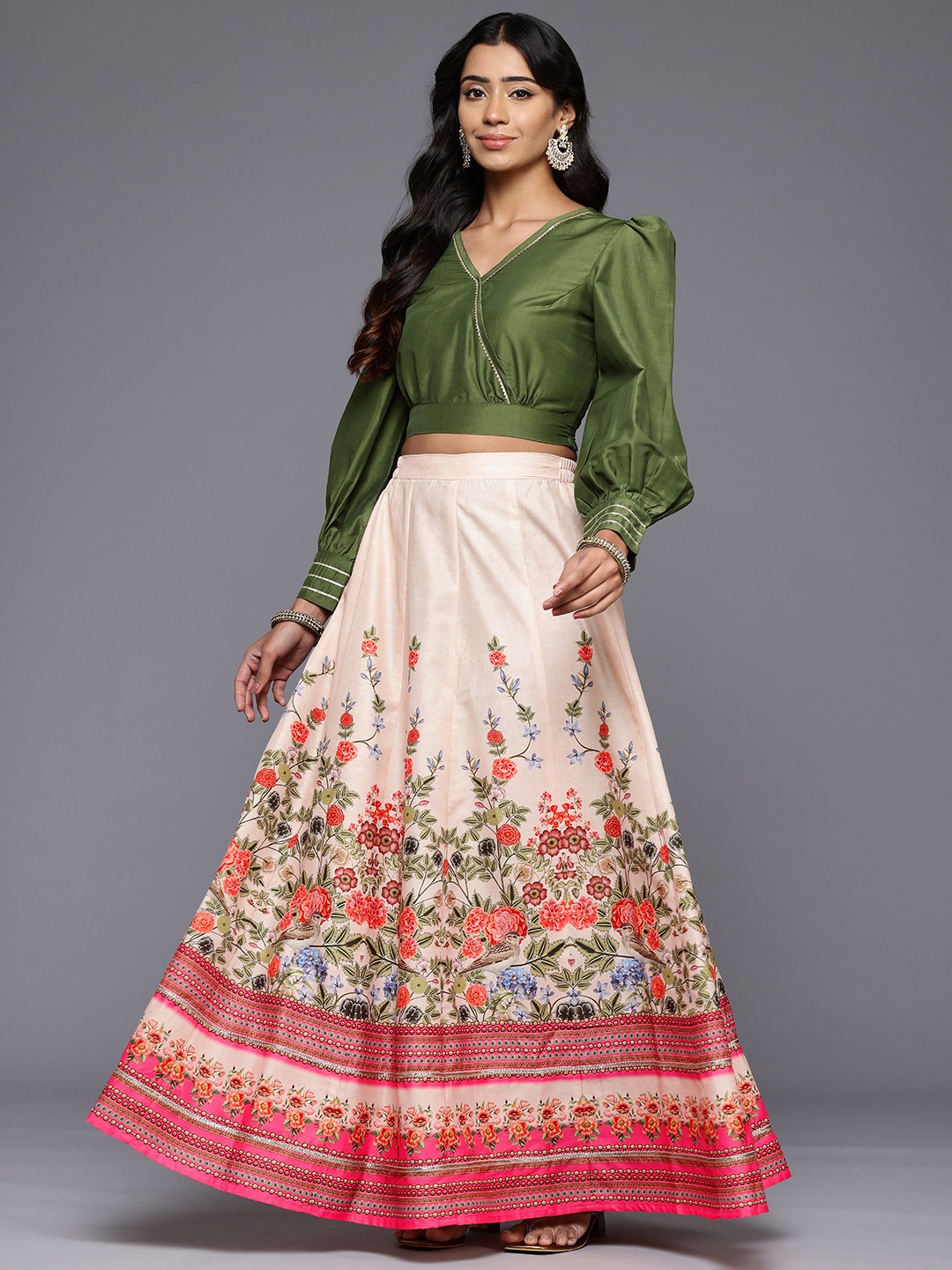 

Ahalyaa Women Floral Printed Long Sleeves Top And Skirt, Cream