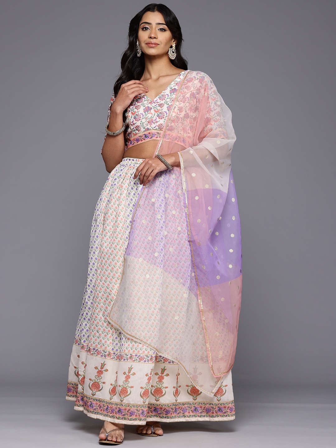 

Ahalyaa Printed Ready to Wear Lehenga & Blouse With Dupatta, Off white
