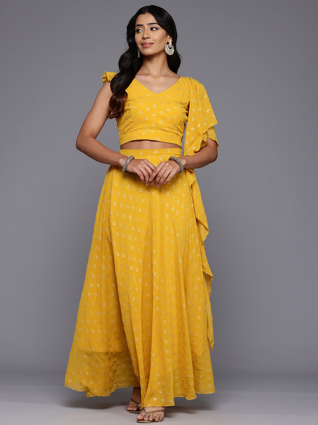 

Ahalyaa Printed Foil Print Ready to Wear Lehenga & Blouse With Dupatta, Mustard