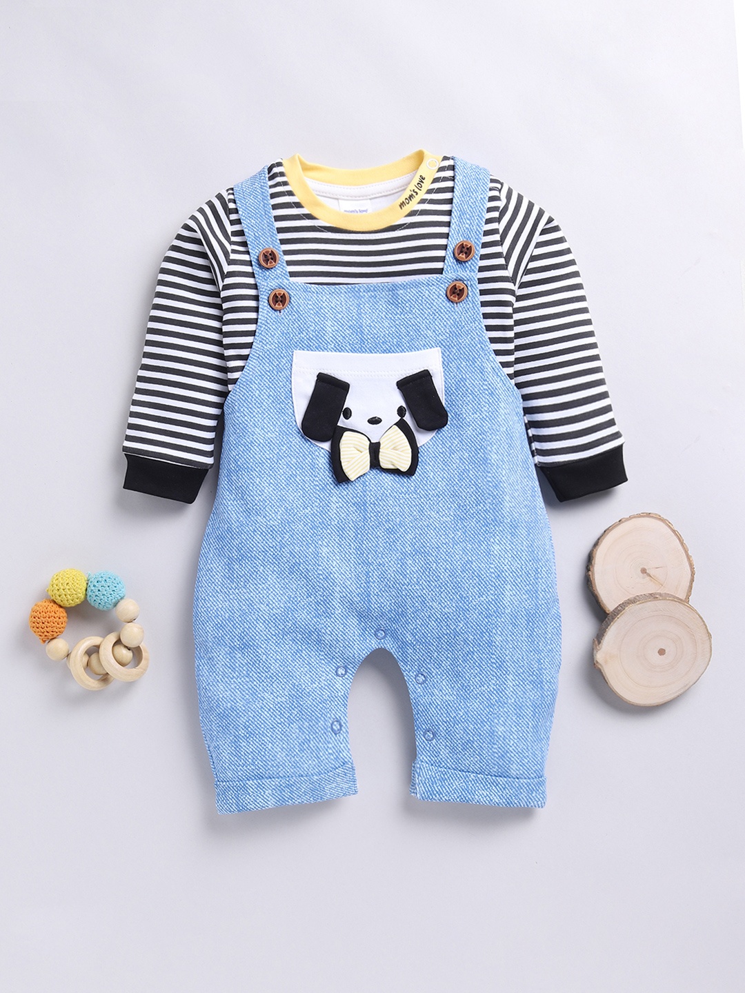 

Moms Love Infants Boys Pure Cotton Dungaree With Striped T-Shirt, Blue