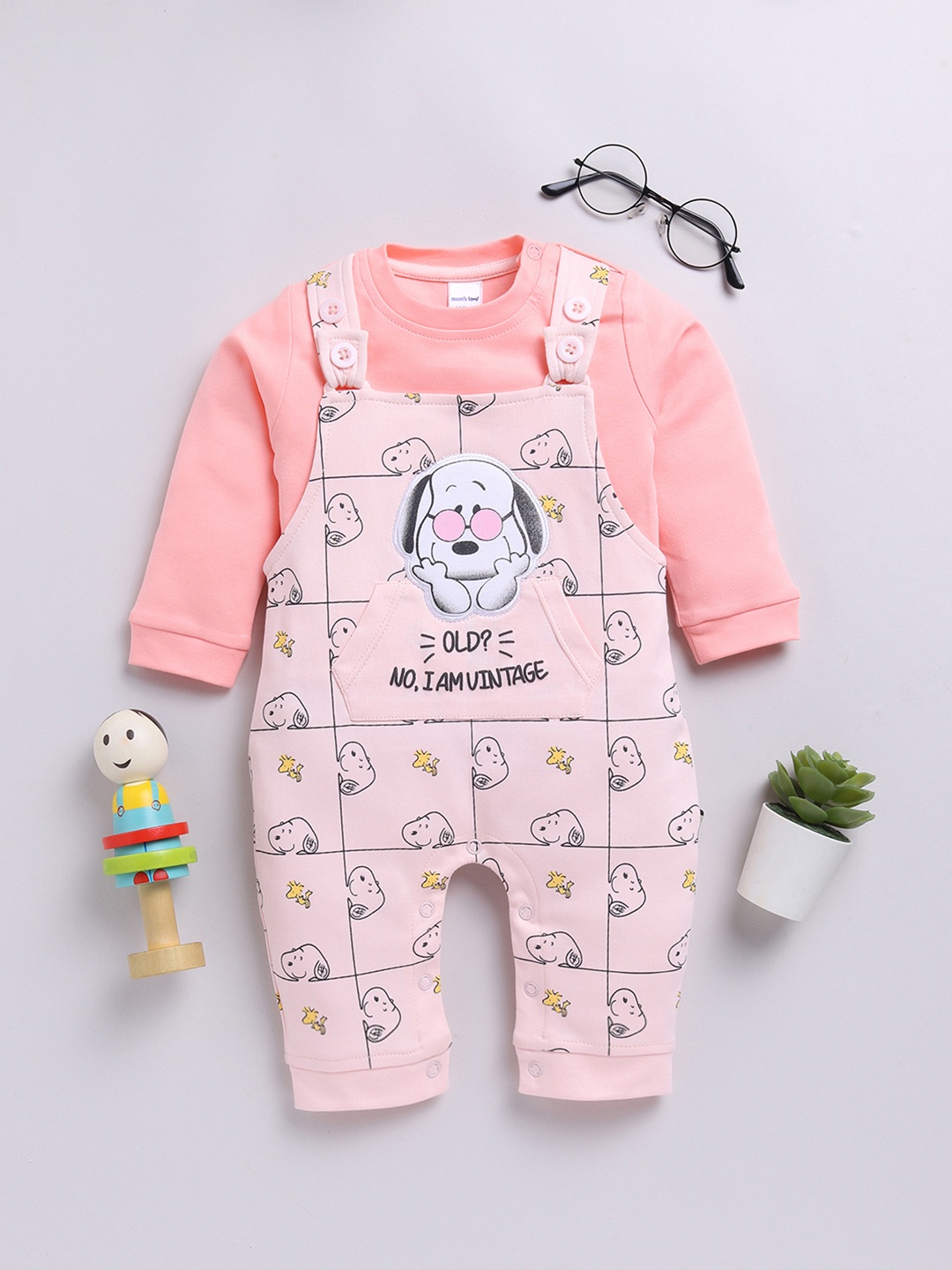 

Moms Love Infant Boys Pure Cotton Snoopy Printed Dungaree With T-Shirt, Peach