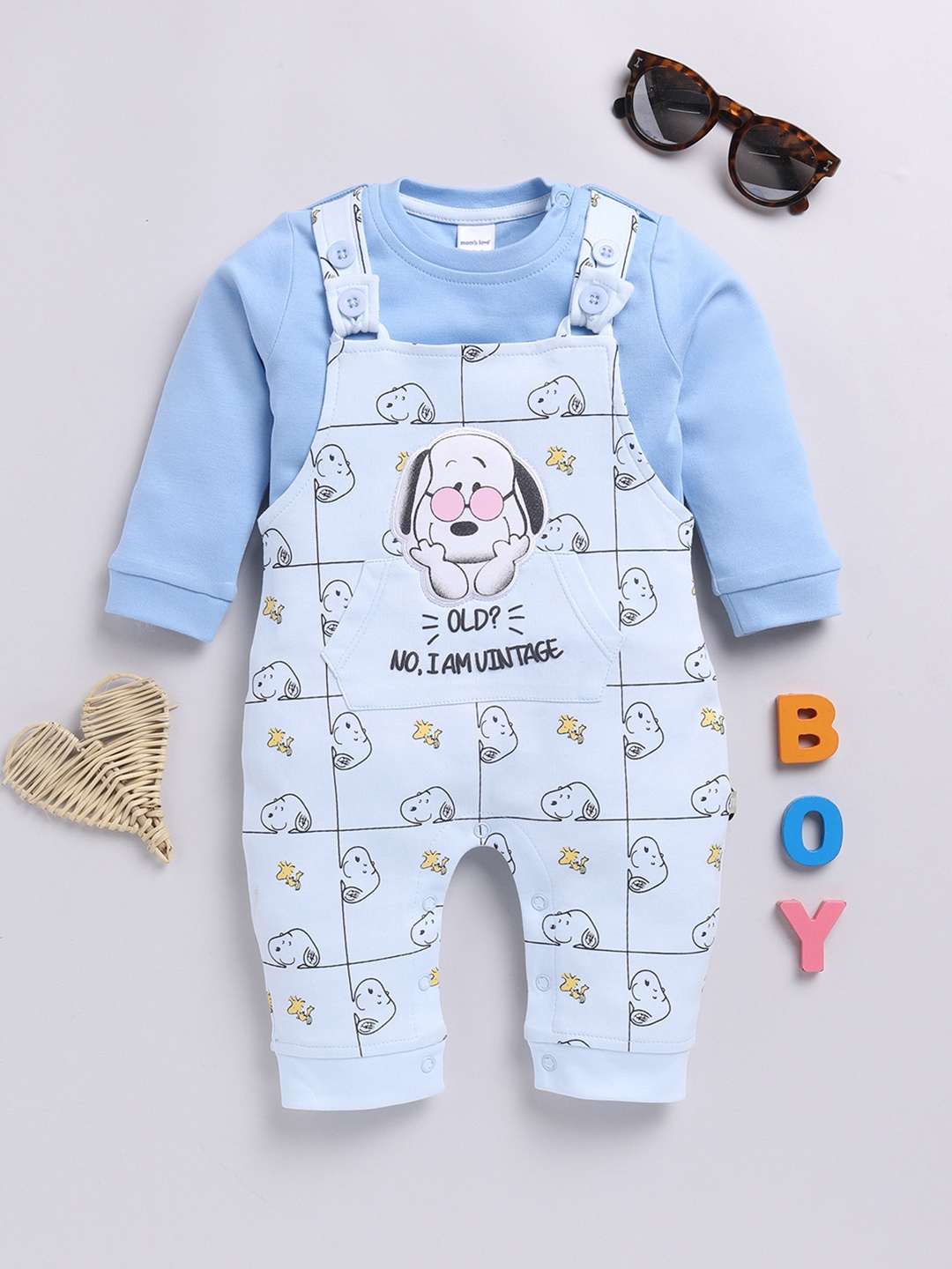 

Moms Love Infant Boys Pure Cotton Snoopy Printed Dungaree With T-Shirt, Blue