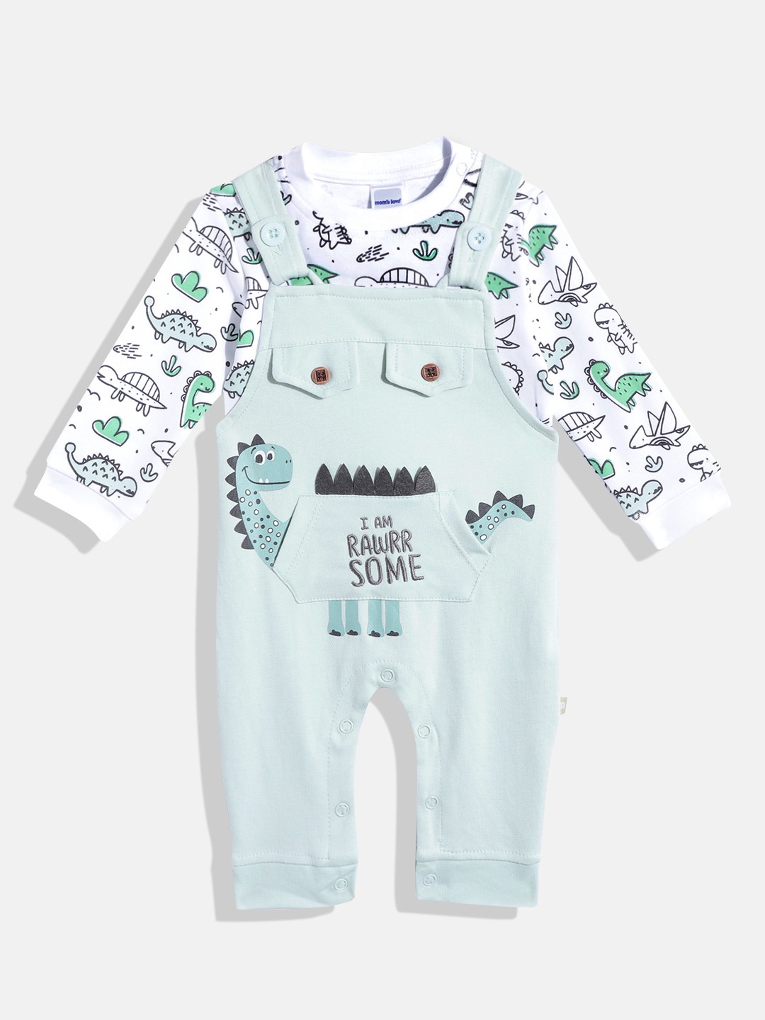 

Moms Love Infant Boys Pure Cotton Printed Dungaree With T-Shirt, Green