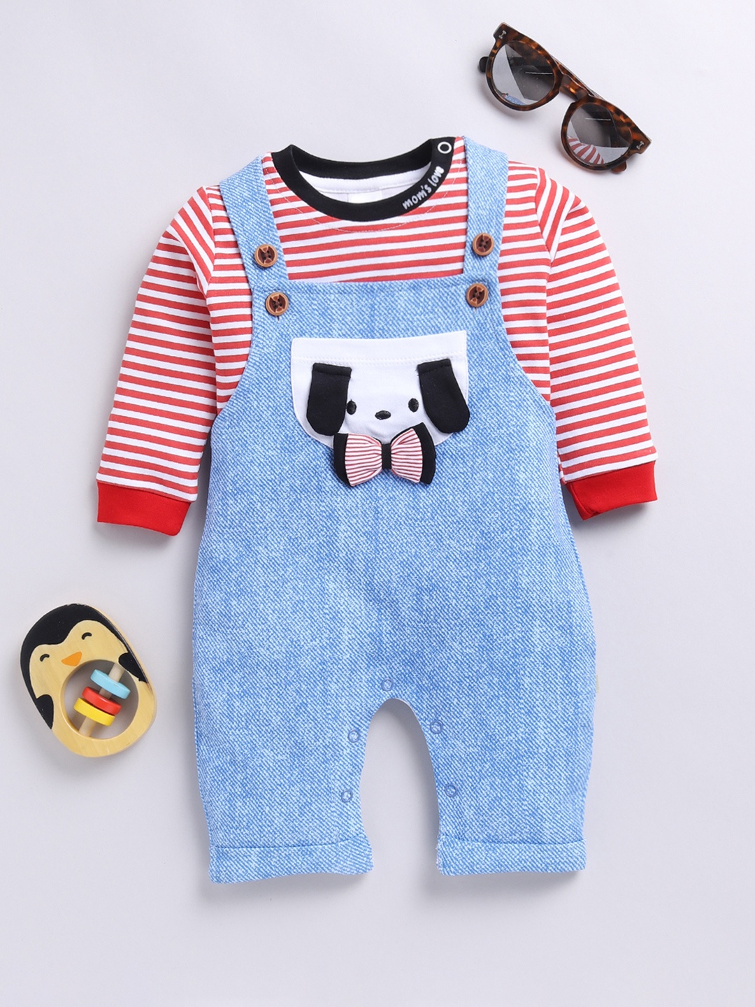 

Moms Love Infant Boys Pure Cotton Dungaree With Striped T-shirt, Blue