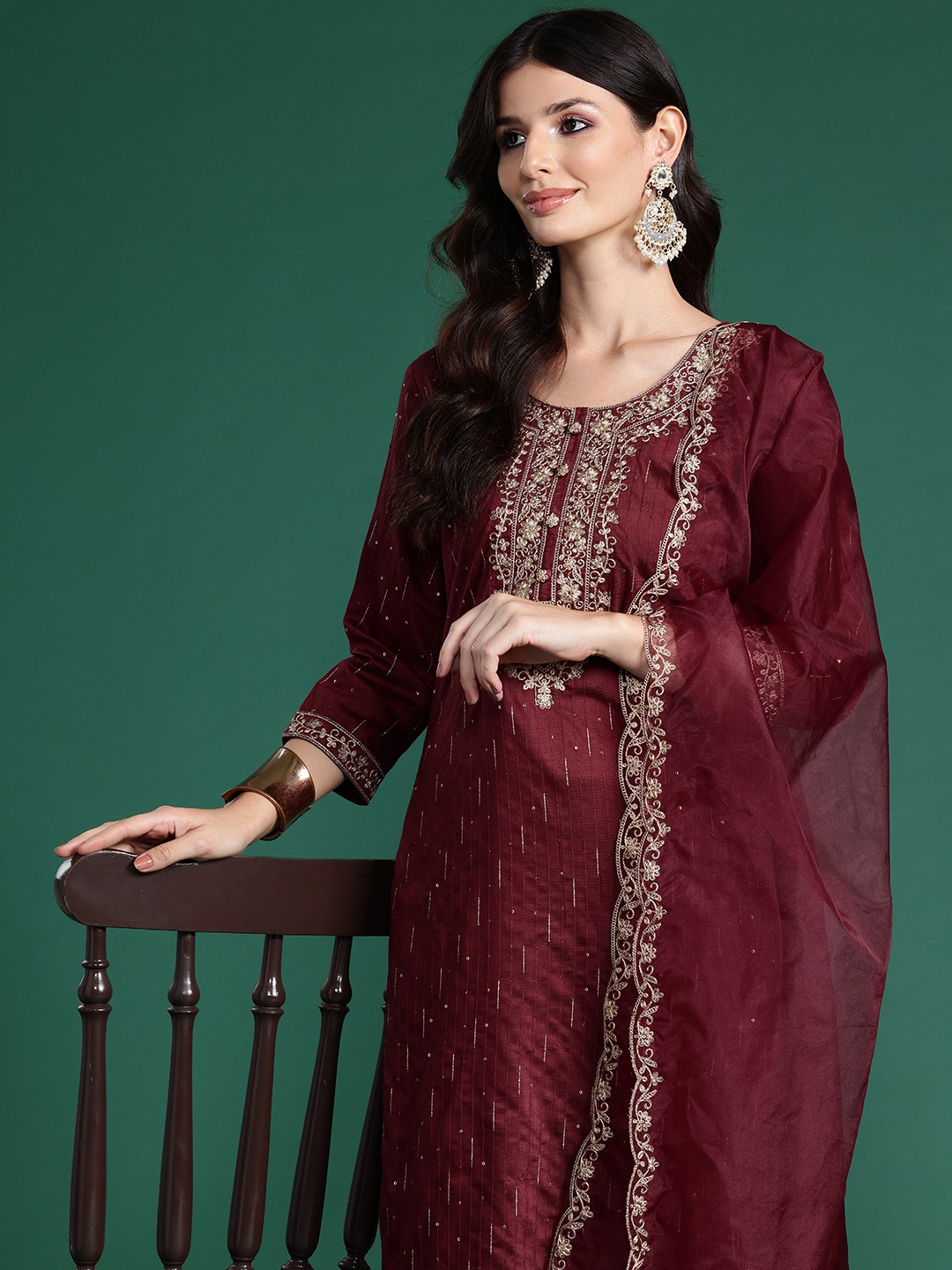 

Indo Era Ethnic Motifs Embroidered Sequinned Liva Kurta with Trousers & Dupatta, Maroon