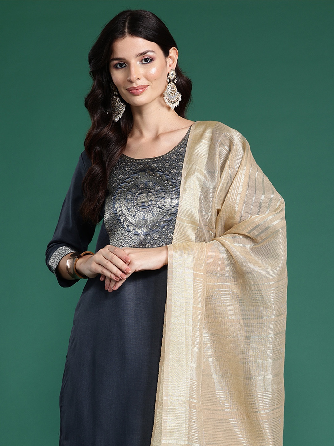 

Indo Era Yoke Design Regular Kurta With Palazzos & Dupatta, Grey