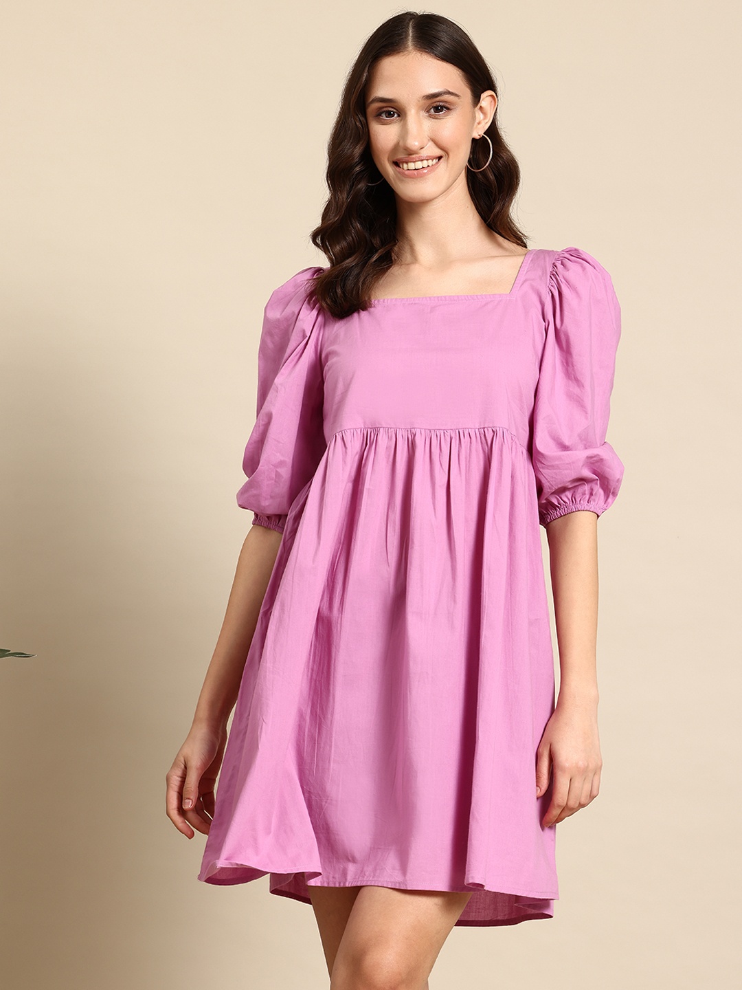 

Mast & Harbour Square Neck Puff Sleeves Pure Cotton Fit & Flare Dress, Pink