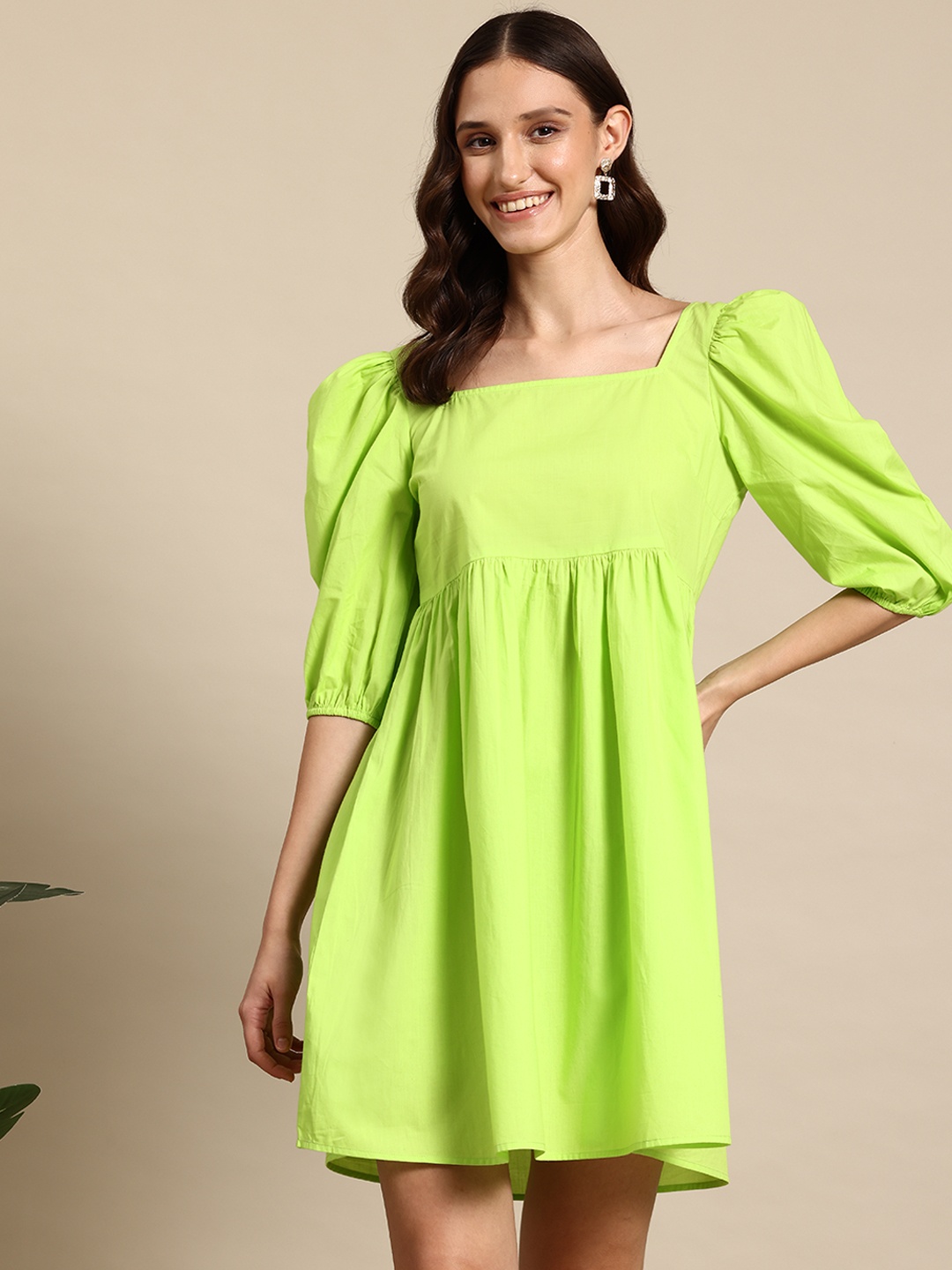 

Mast & Harbour Square Neck Puff Sleeves Pure Cotton Fit & Flare Dress, Green