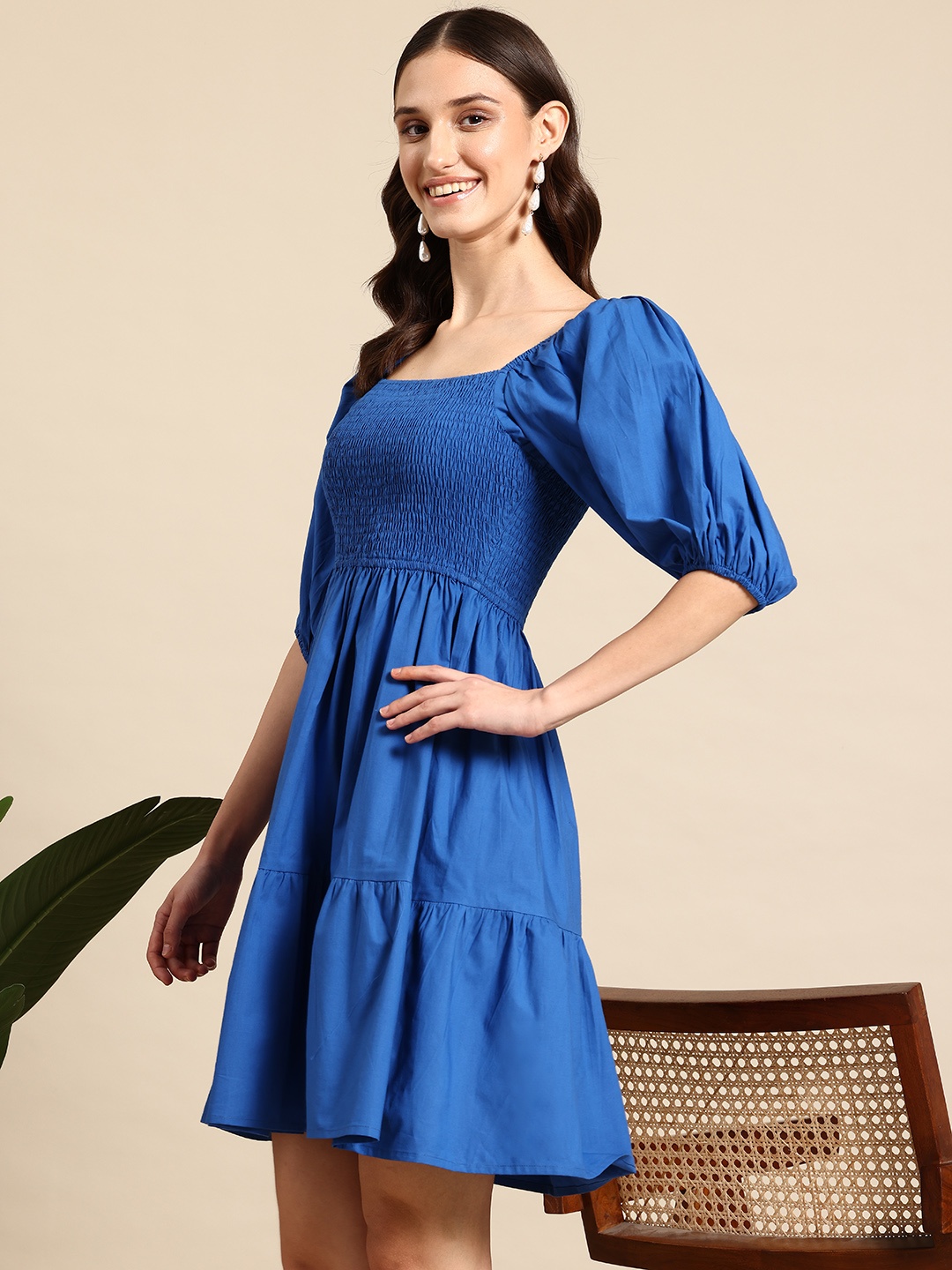 

Mast & Harbour Puff Sleeves Smocked Tiered Pure Cotton Fit & Flare Dress, Blue