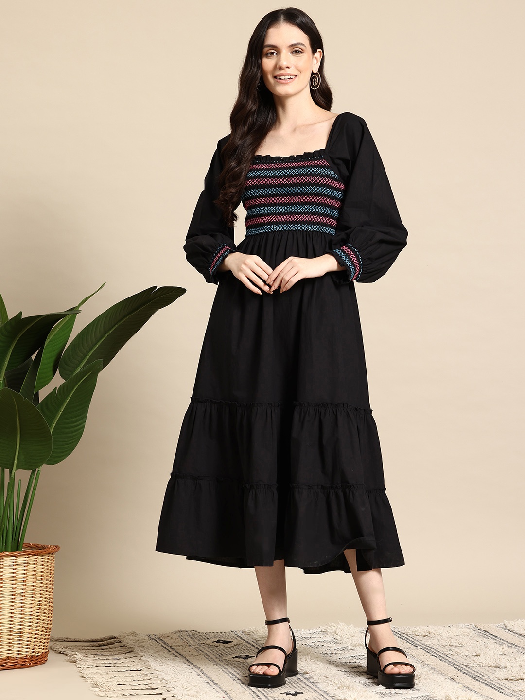 

Mast & Harbour Embroidered Bishop Sleeves Pure Cotton Fit & Flare Midi Dress, Black