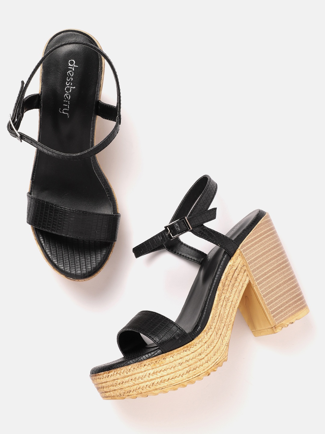 

DressBerry Textured Open Toe Block Heels, Black