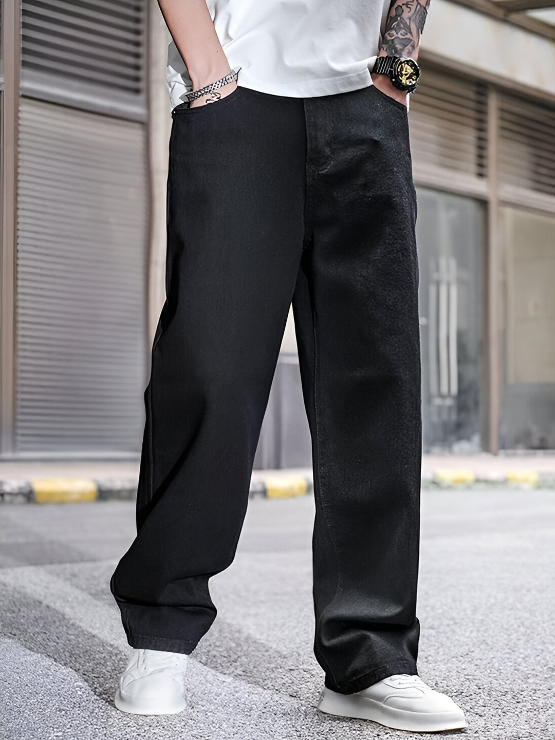 

Ben Martin Men Jean Wide Leg High-Rise Stretchable Jeans, Black