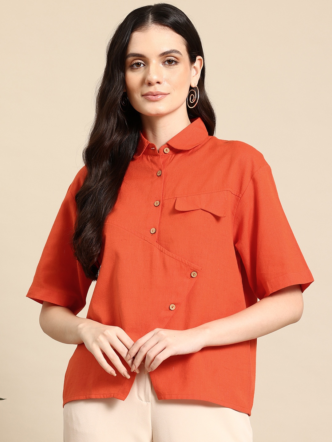 

Mast & Harbour Pure Cotton Shirt Style Top, Orange