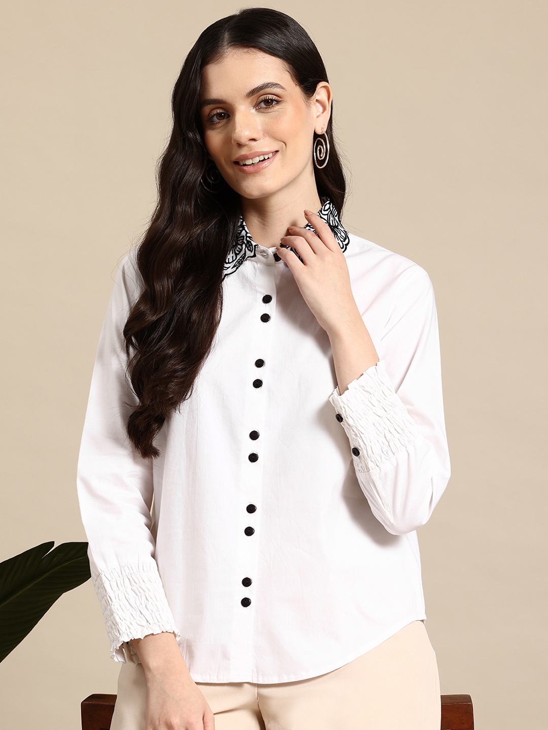 

Mast & Harbour Floral Embroidered Puff Sleeves Pure Cotton Shirt Style Top, White