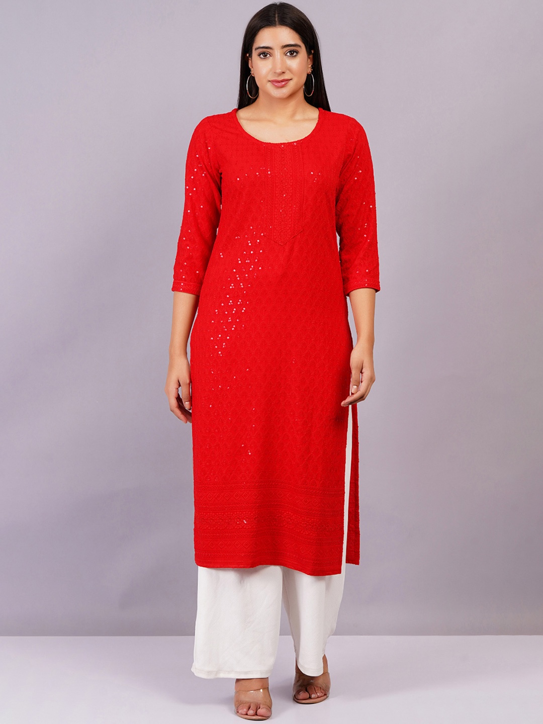 

KALINI Ethnic Motifs Embroidered Chikankari Kurta, Red