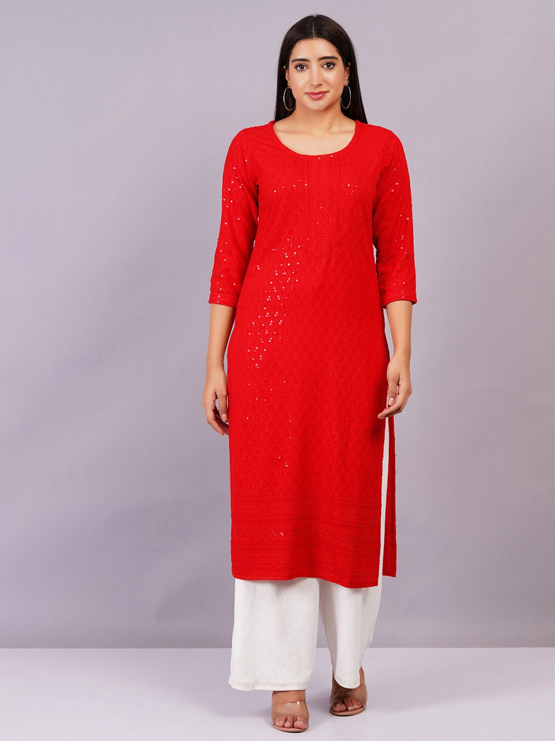 

JC4U Ethnic Motifs Embroidered Chikankari Kurta, Red