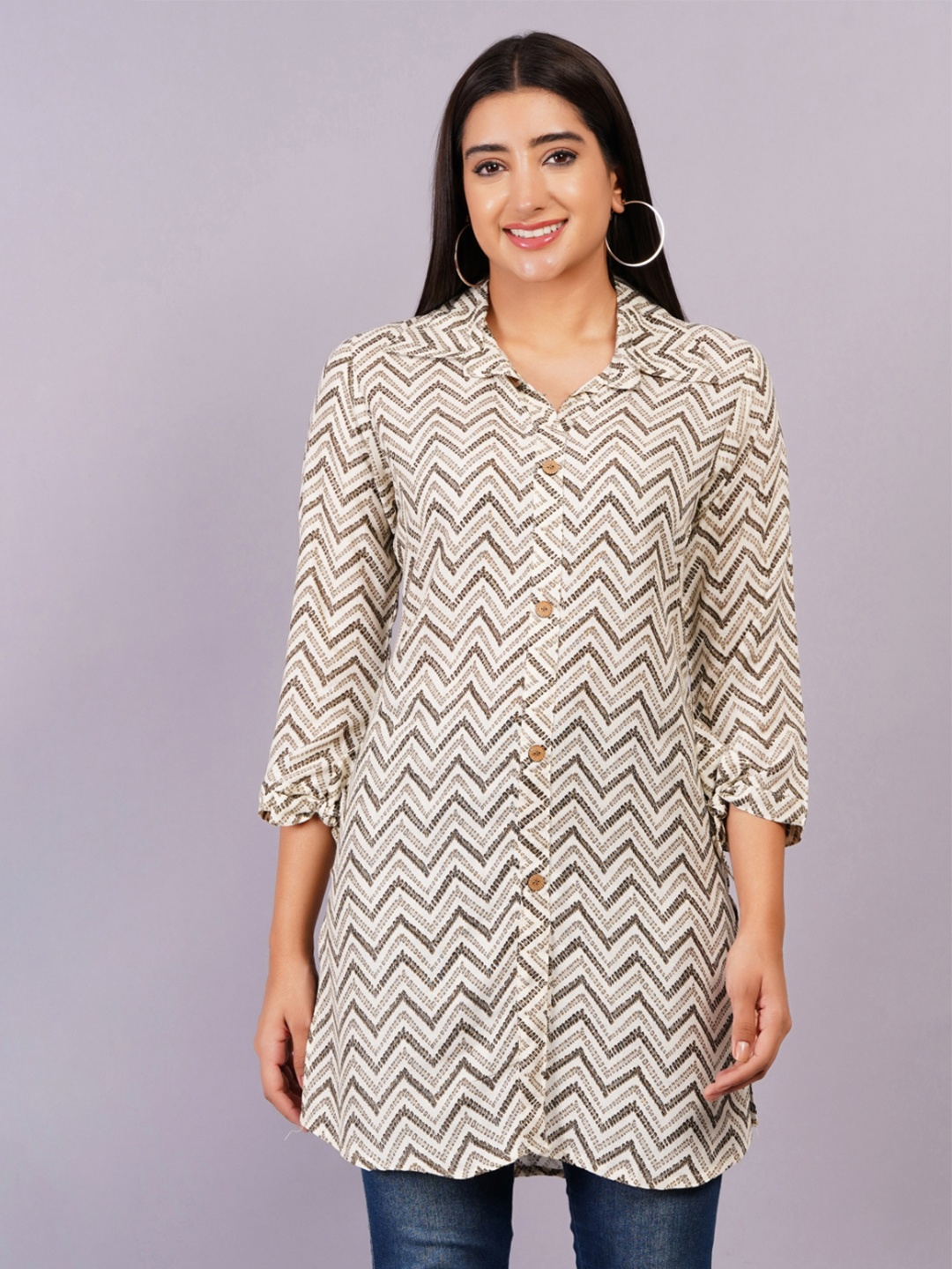 

JC4U Ethnic Motifs Printed Shirt Collar Kurti, Beige