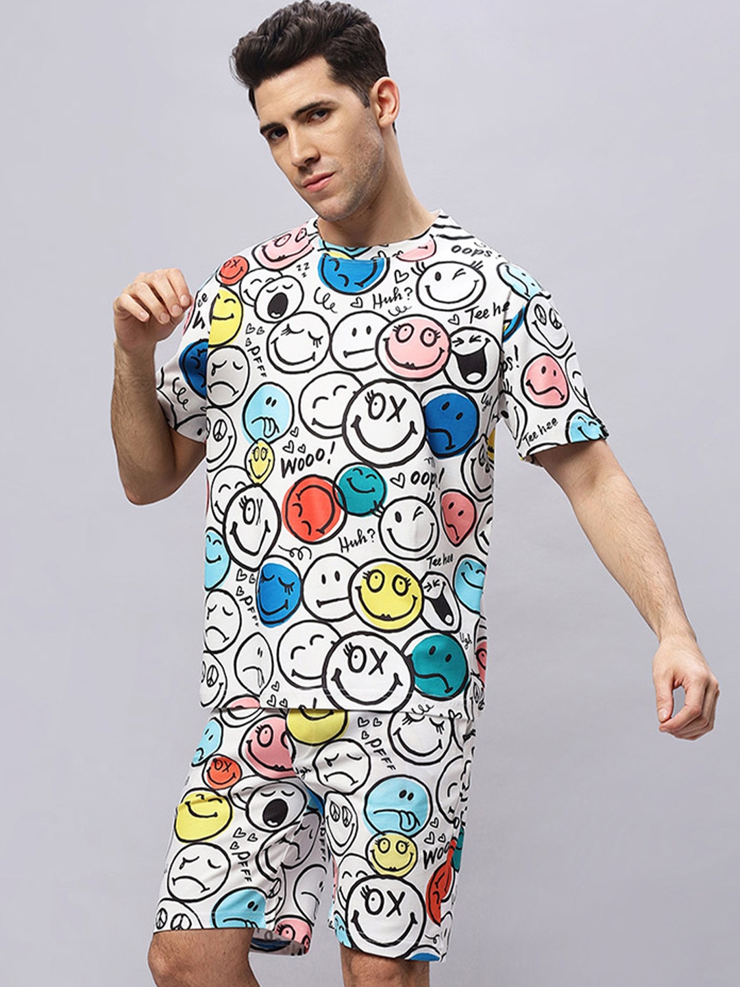 

Wear Your Opinion Smiley Printed T-Shirt With Shorts Co-Ords, White