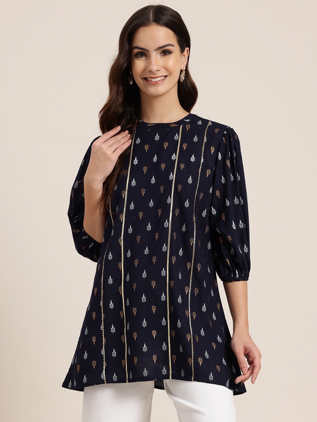 

HERE&NOW Floral Printed Gotta Patti Kurti, Navy blue