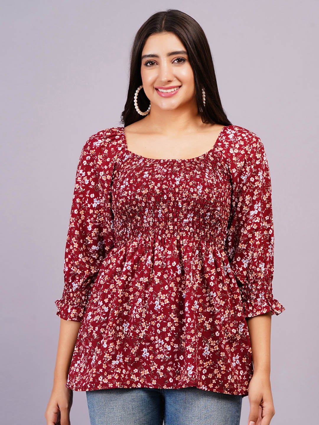 

KALINI Floral Bell Sleeve Top, Maroon