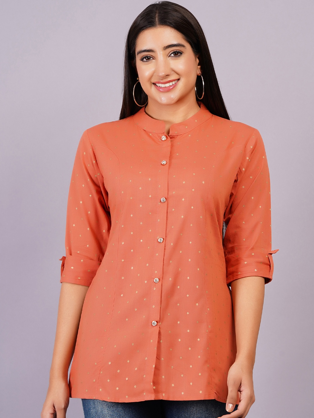 

KALINI Mandarin Collar Cotton Top, Orange