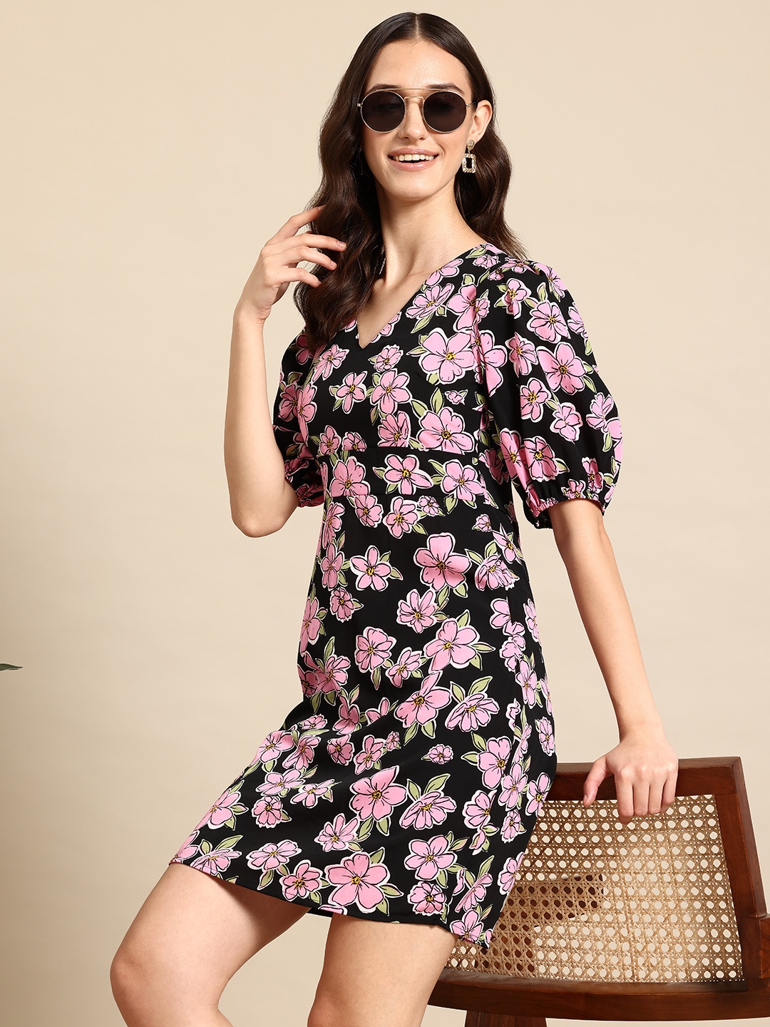 

Mast & Harbour Floral Print Puff Sleeves A-Line Dress, Black