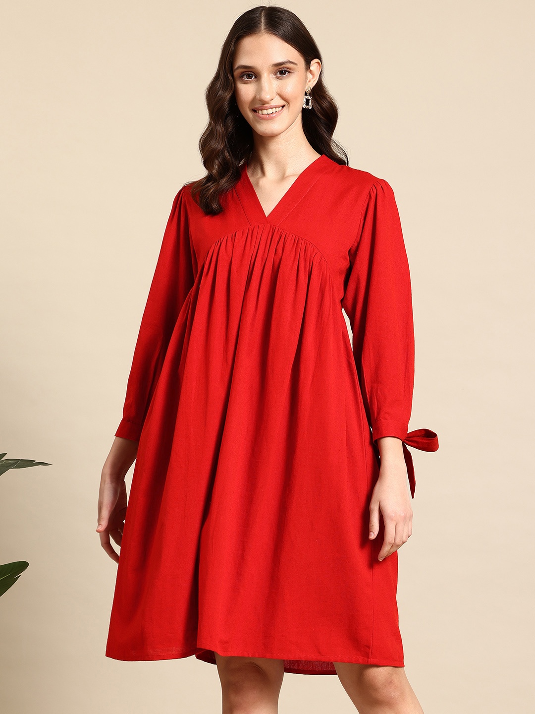 

Mast & Harbour Puff Sleeves Pure Cotton Empire Dress, Red