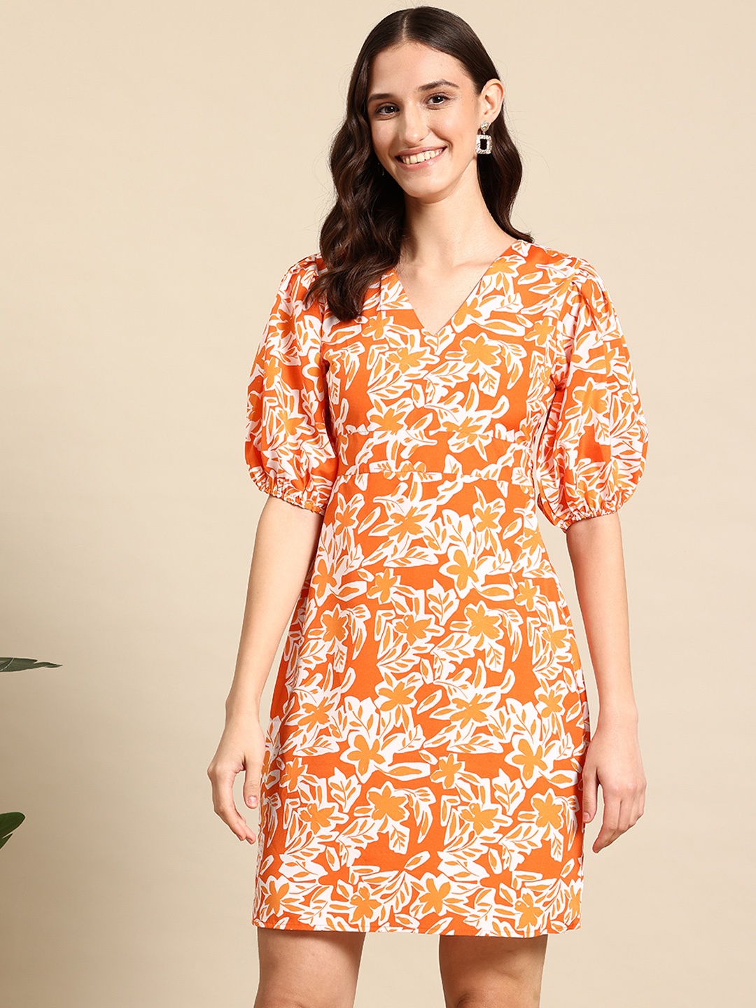 

Mast & Harbour Floral Print Puff Sleeves A-Line Dress, Orange