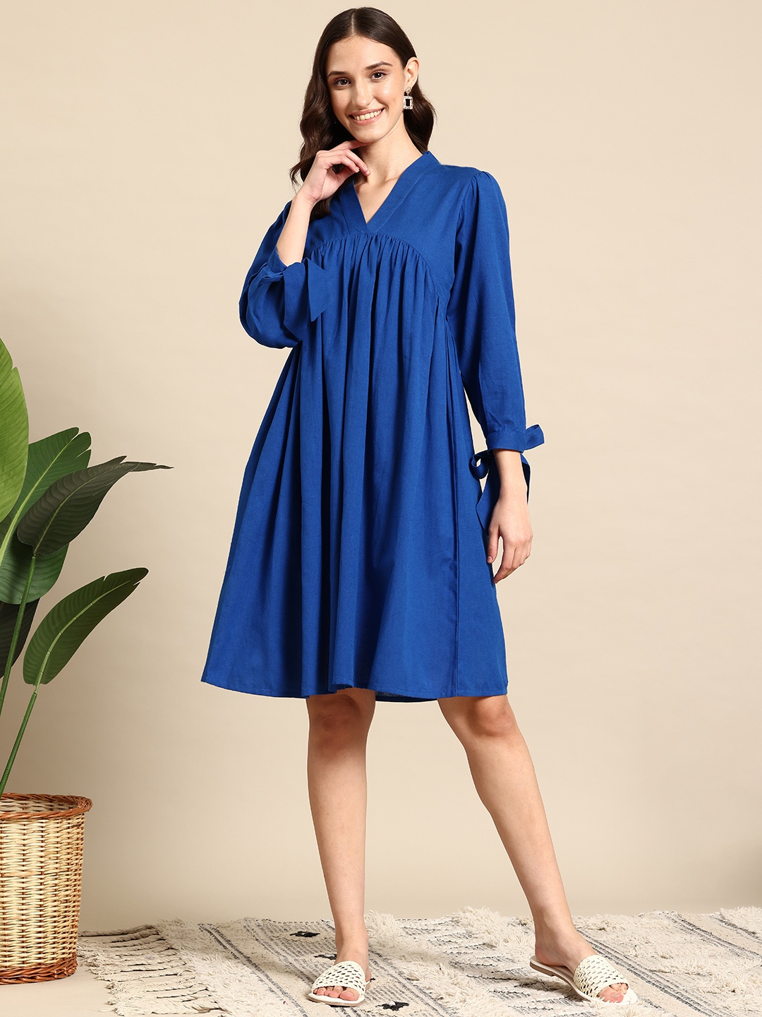 

Mast & Harbour Puff Sleeves Pure Cotton Empire Dress, Blue