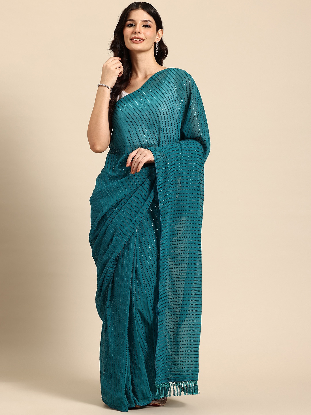 

HERE&NOW Embellished Sequinned Ready to Wear Saree, Turquoise blue