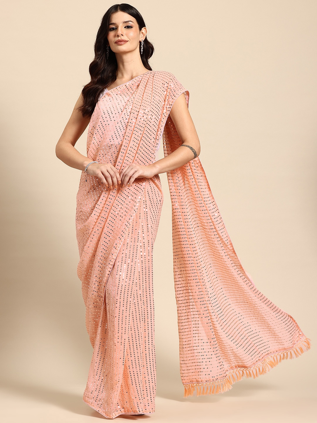 

HERE&NOW Embellished Sequinned Ready to Wear Saree, Peach