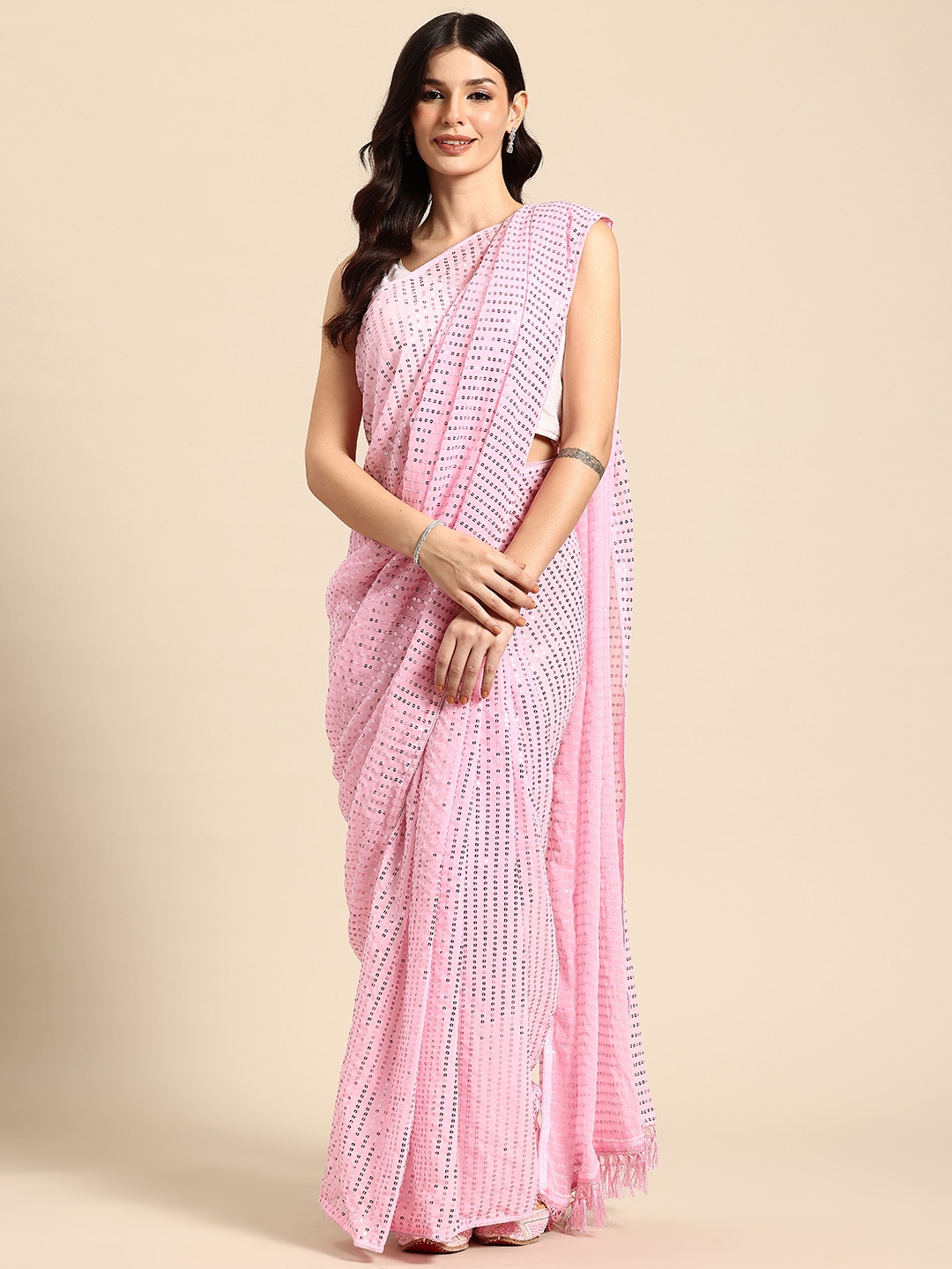 

HERE&NOW Embellished Sequinned Ready to Wear Saree, Pink