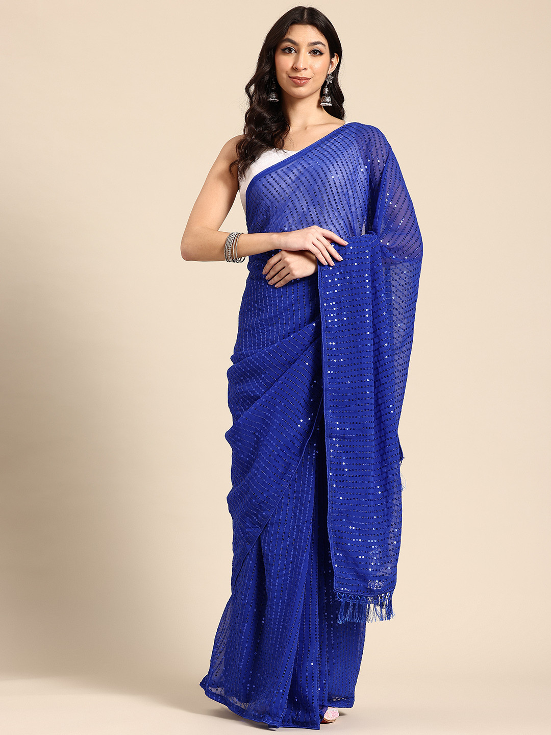 

HERE&NOW Embellished Sequinned Saree, Navy blue