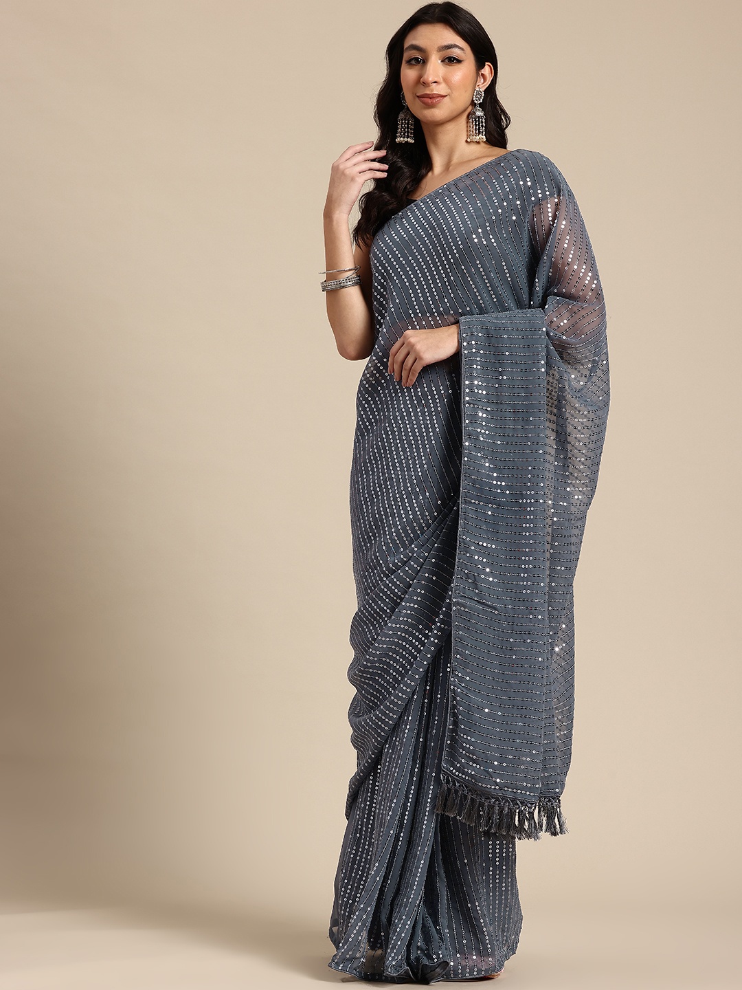 

HERE&NOW Embellished Sequinned Ready to Wear Saree, Grey