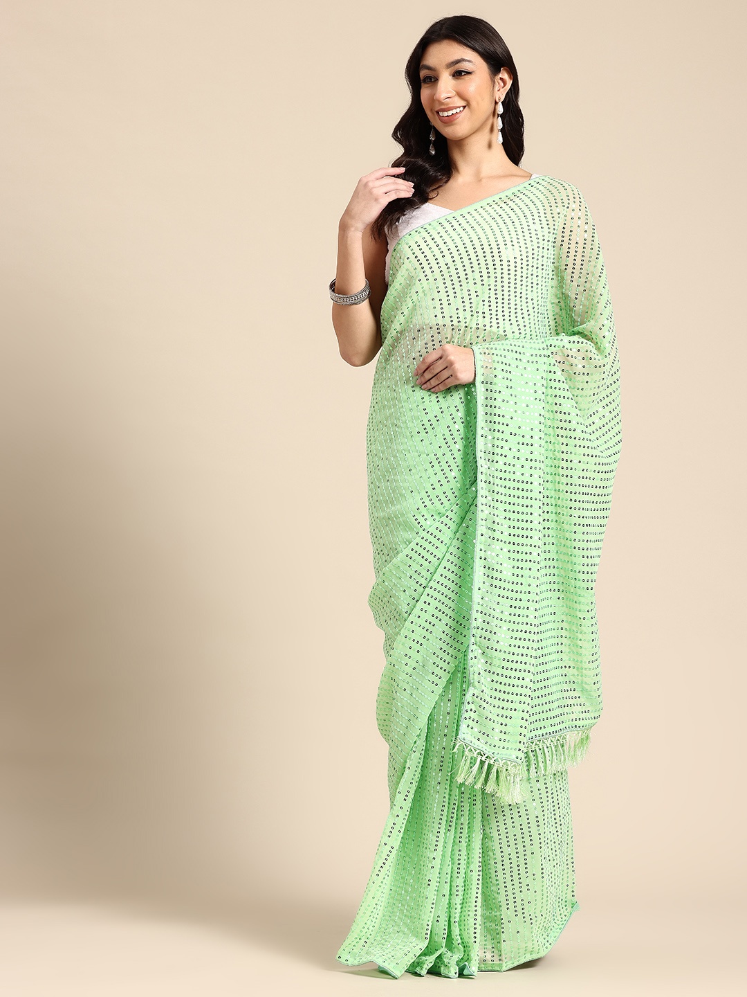 

HERE&NOW Embellished Sequinned Ready to Wear Saree, Sea green